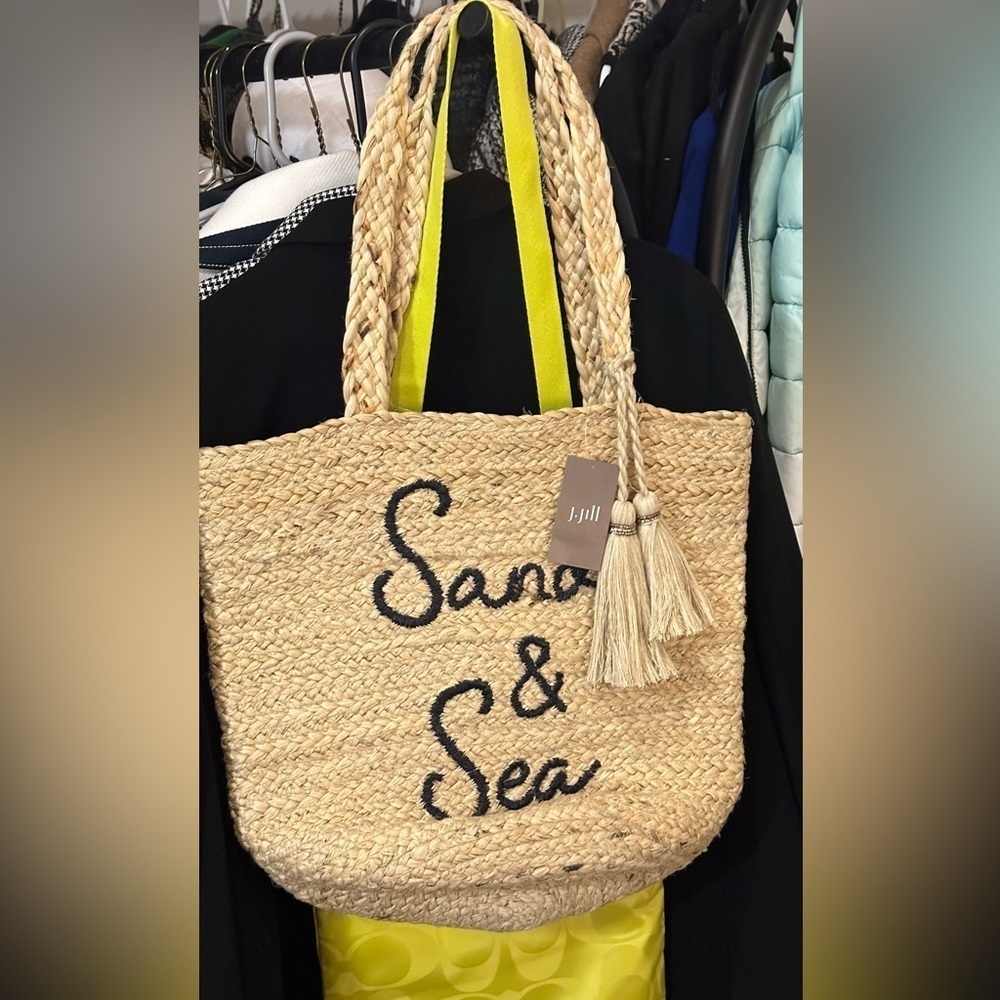 NWT J. Jill Beach Bag Straw Sand & Sea Print Fabric Interior Natural One Size